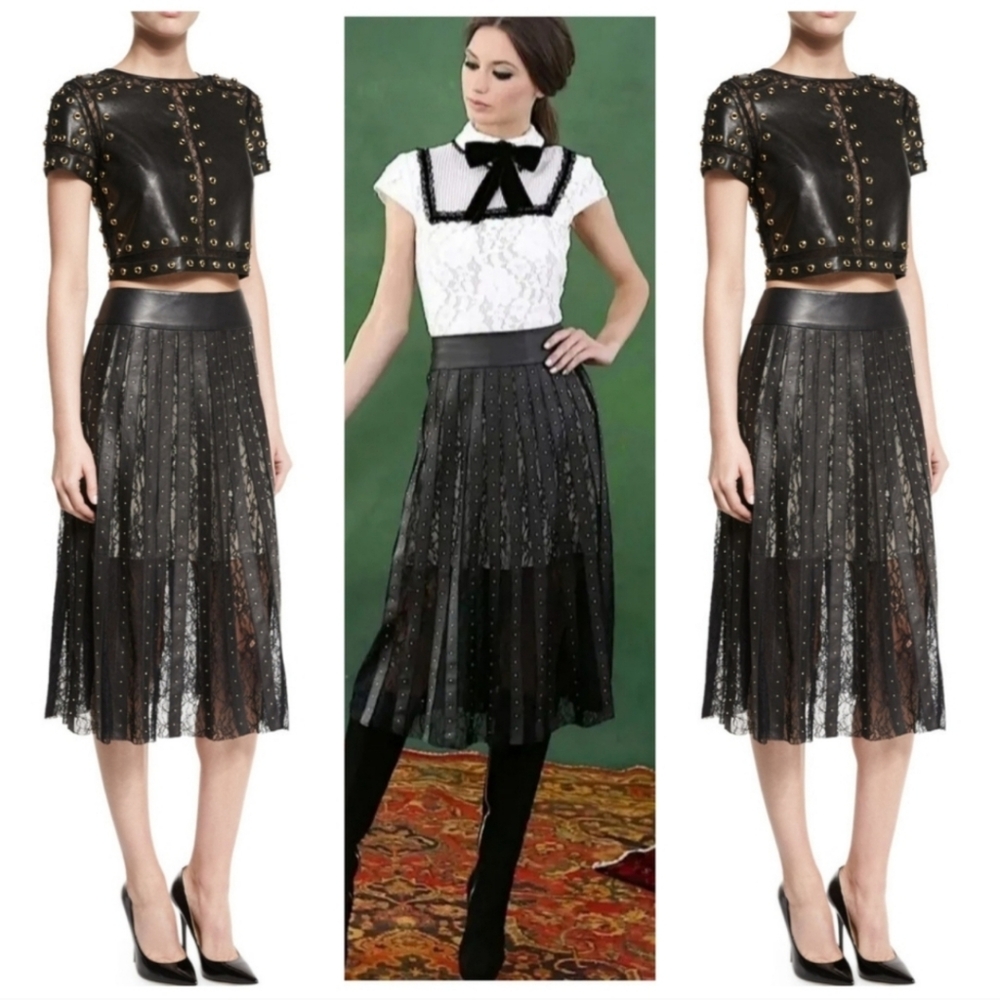 Alice + Olivia Tianna Leather Lace Midi Length Skirt